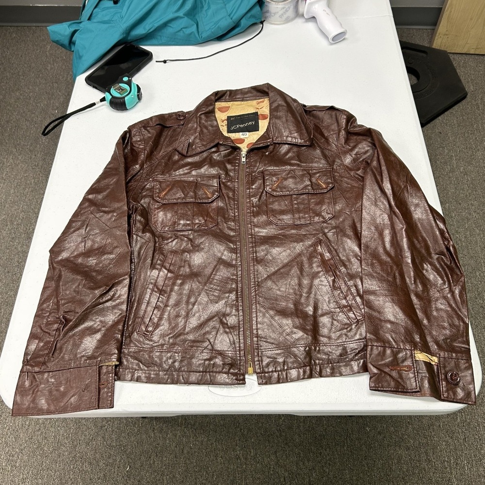 JCPenney Faux Leather Jacket Mens 40 Brown Vintage Zip Up Epaulets Pockets